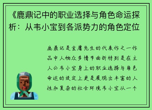 《鹿鼎记中的职业选择与角色命运探析：从韦小宝到各派势力的角色定位》