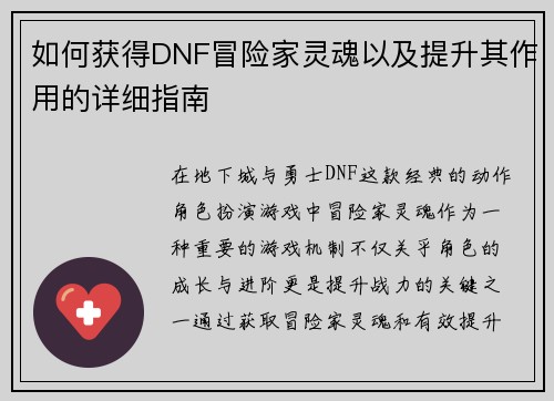 如何获得DNF冒险家灵魂以及提升其作用的详细指南